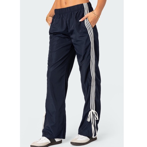 Edikted Pants - Edikted Navy Track Pants with White Stripes